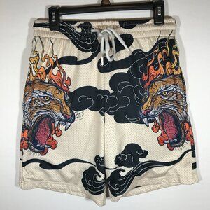 Rebel Vengeance Men's Small Off White Tiger Athletic Drawstring Casual Shorts